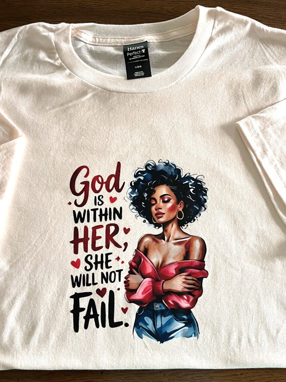Women Tan T-shirt size Large HTV Vinyl "God is within her she will not fail"